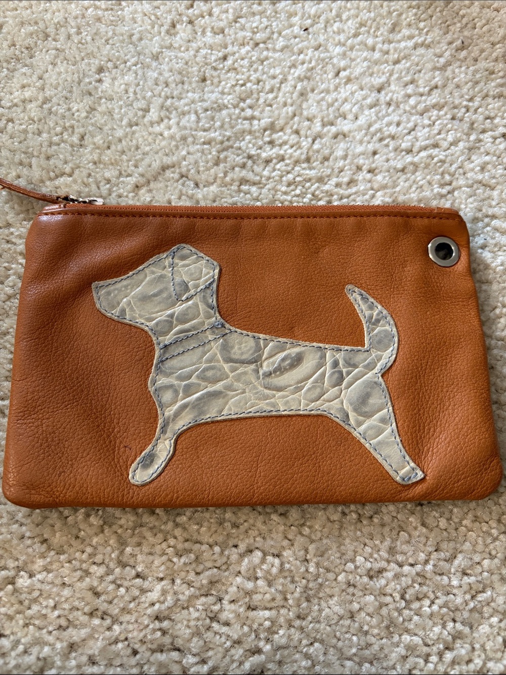 Furla Genuine Leather Tan/Cream/Gray Dog Silhouette WristletClutch Made in Italy
